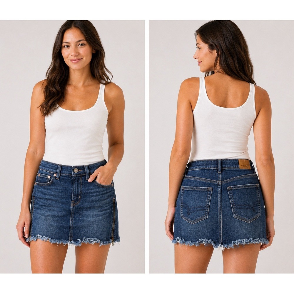 American Eagle Next Level Stretch Denim Mini Skirt Frayed Hem Zip Sides Size 0